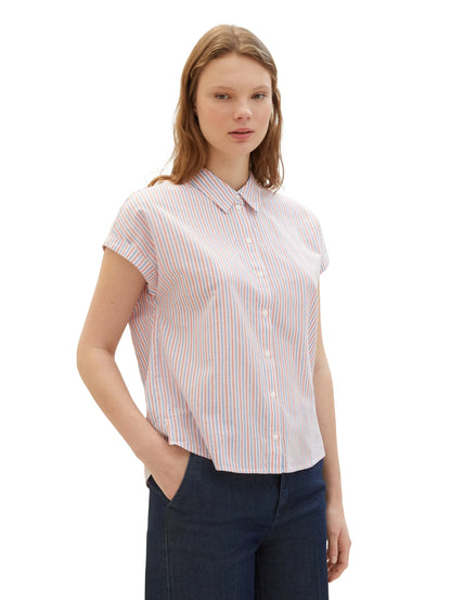 Denim Tom Tailor Blue Red White Vertical Stripe Women Striped Short-Sleeved Shirt SKU: 1040926_34879 Image 01