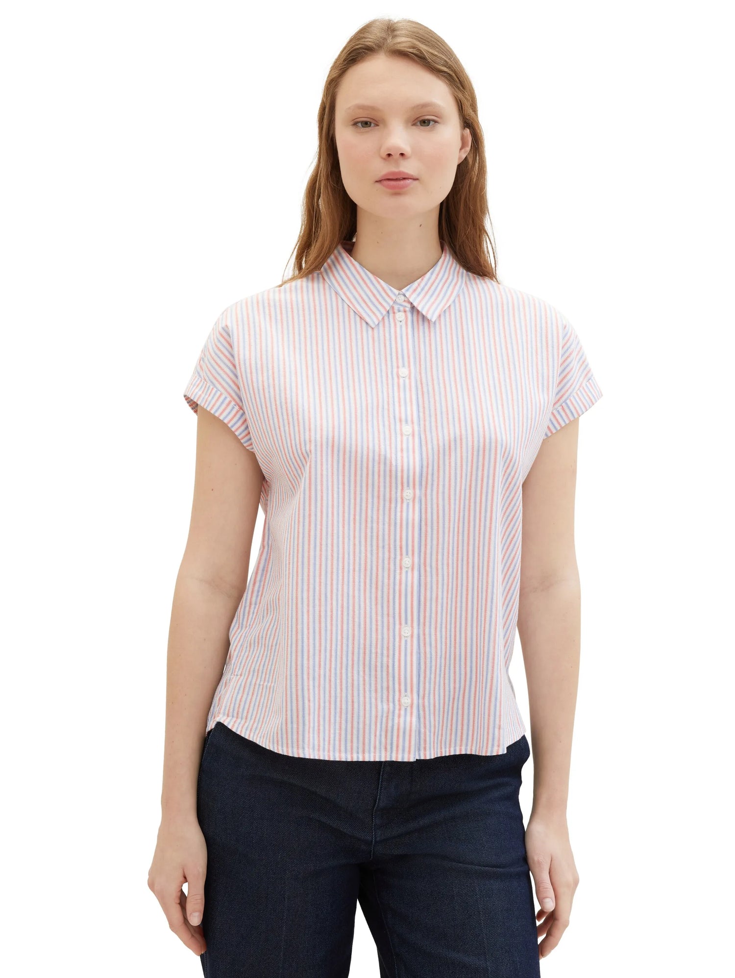 Denim Tom Tailor Blue Red White Vertical Stripe Women Striped Short-Sleeved Shirt SKU: 1040926_34879 Image 05
