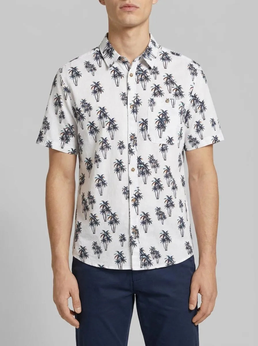 Tom Tailor White Multi Palm Design Men Shirt with Linen SKU: 1040991_35061 Image 00
