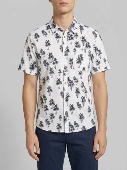 Tom Tailor White Multi Palm Design Men Shirt with Linen SKU: 1040991_35061 Image 00