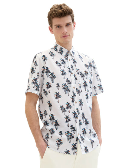 Tom Tailor White Multi Palm Design Men Shirt with Linen SKU: 1040991_35061 Image 01