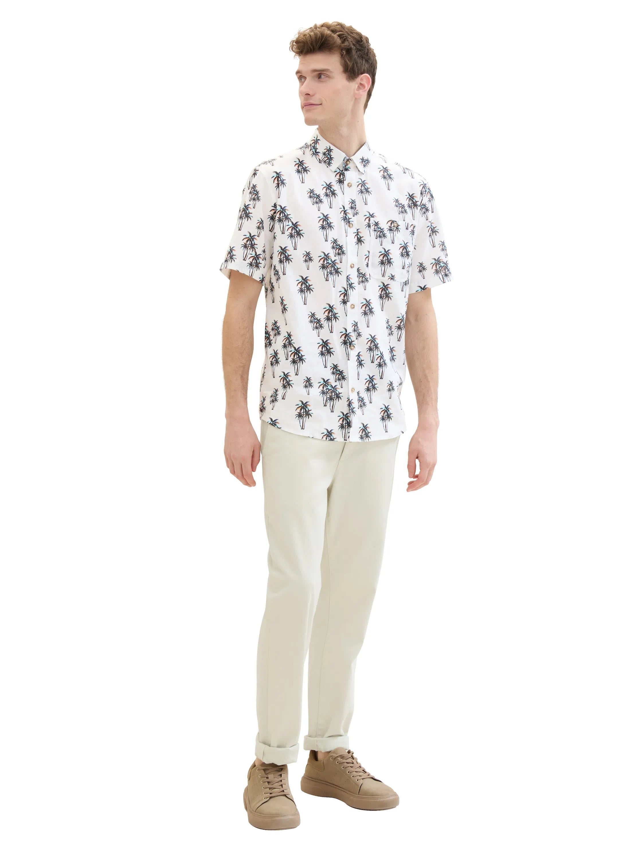 Tom Tailor White Multi Palm Design Men Shirt with Linen SKU: 1040991_35061 Image 02