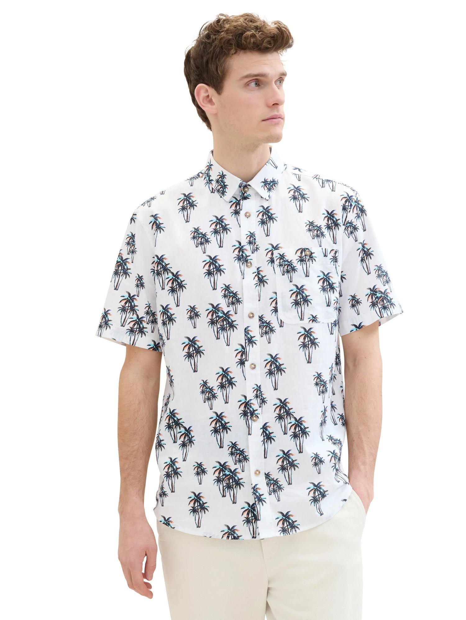Tom Tailor White Multi Palm Design Men Shirt with Linen SKU: 1040991_35061 Image 04