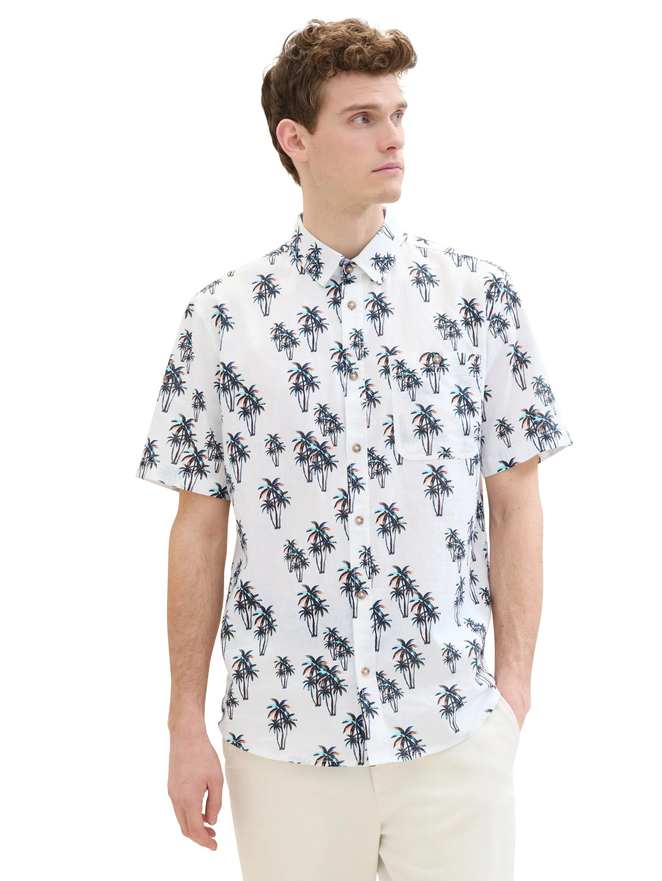 Tom Tailor White Multi Palm Design Men Shirt with Linen SKU: 1040991_35061 Image 04