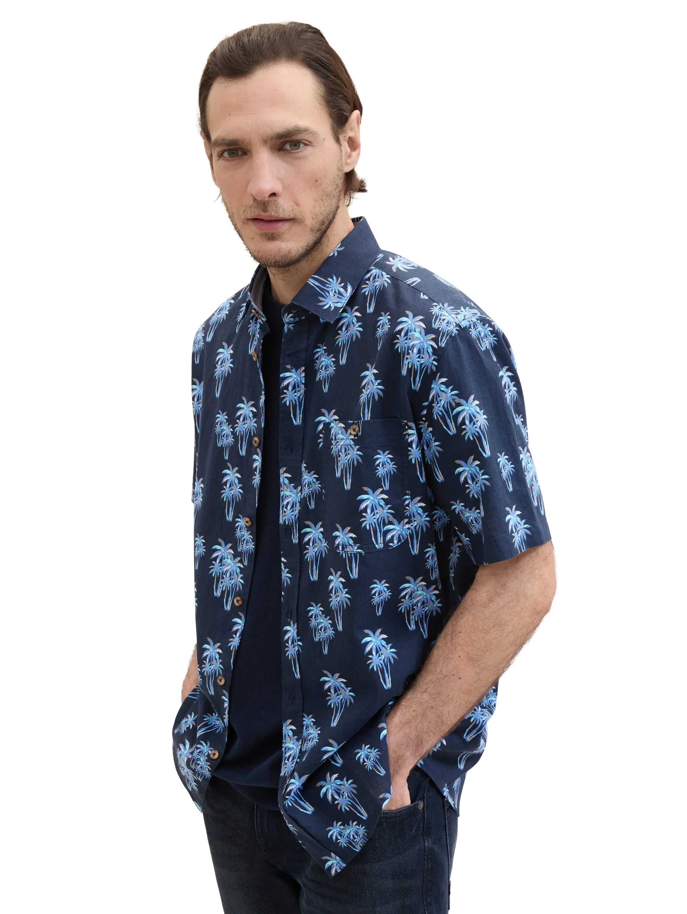 Tom Tailor Navy Multi Palm Design Men Shirt with Linen SKU: 1040991_35062 Image 01