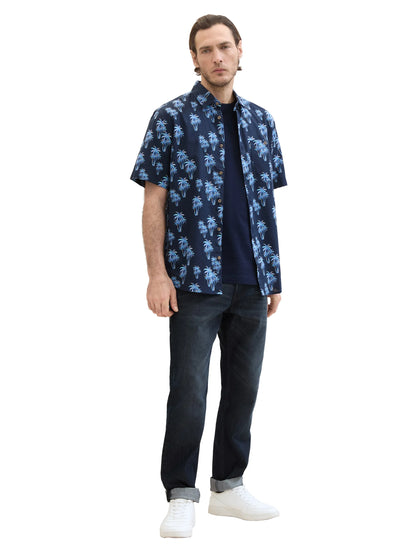 Tom Tailor Navy Multi Palm Design Men Shirt with Linen SKU: 1040991_35062 Image 02