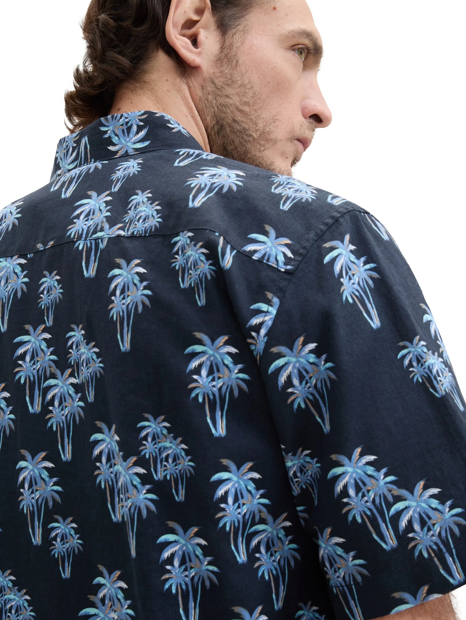 Tom Tailor Navy Multi Palm Design Men Shirt with Linen SKU: 1040991_35062 Image 04