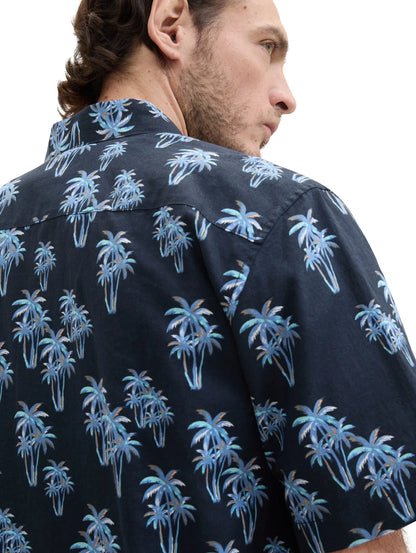 Tom Tailor Navy Multi Palm Design Men Shirt with Linen SKU: 1040991_35062 Image 04
