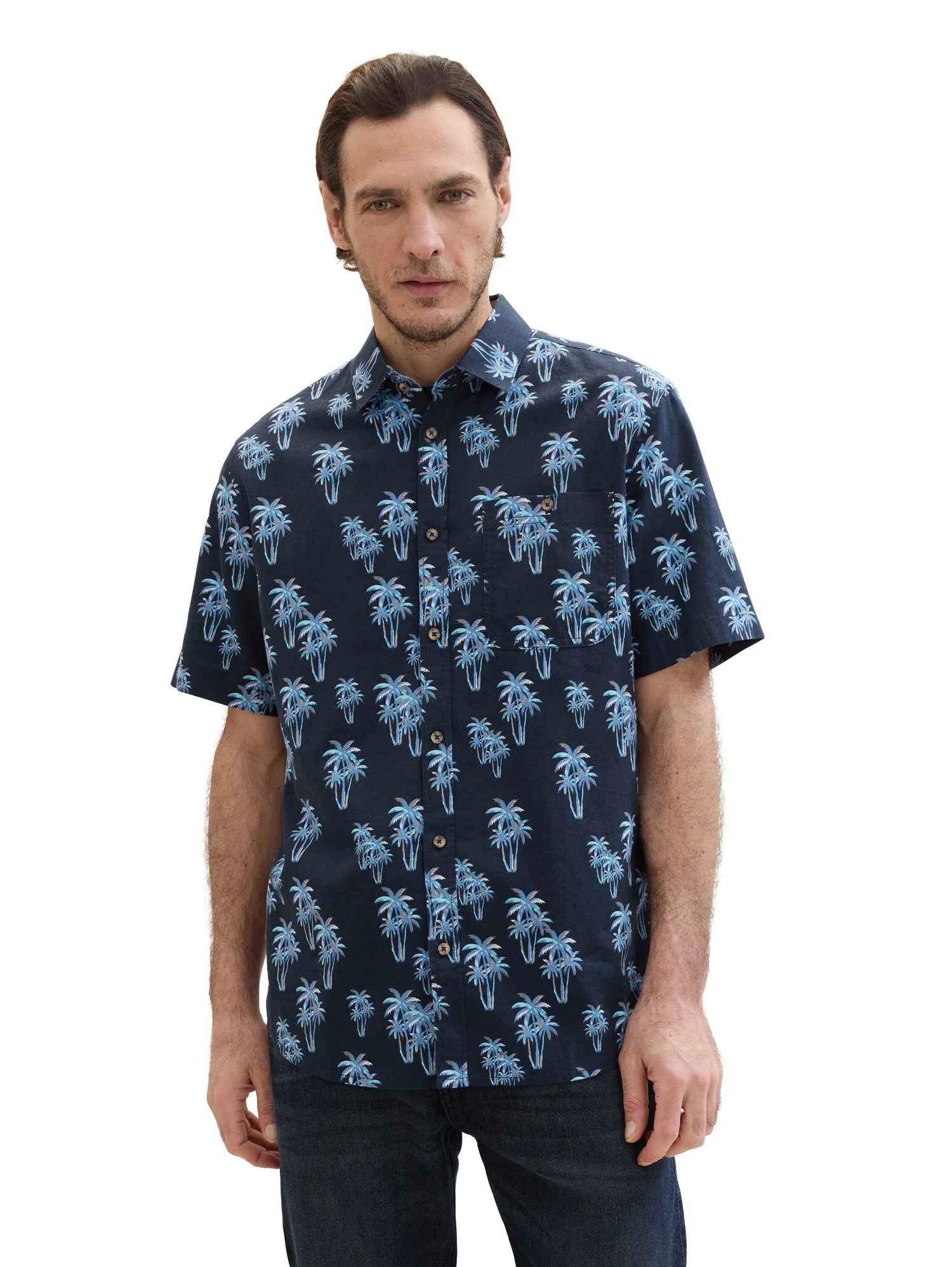 Tom Tailor Navy Multi Palm Design Men Shirt with Linen SKU: 1040991_35062 Image 05