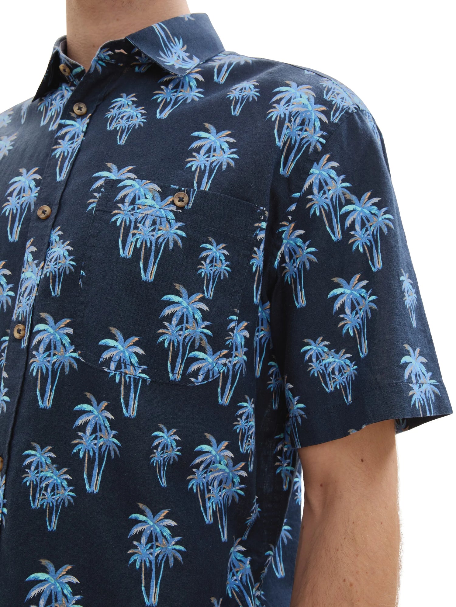 Tom Tailor Navy Multi Palm Design Men Shirt with Linen SKU: 1040991_35062 Image 06