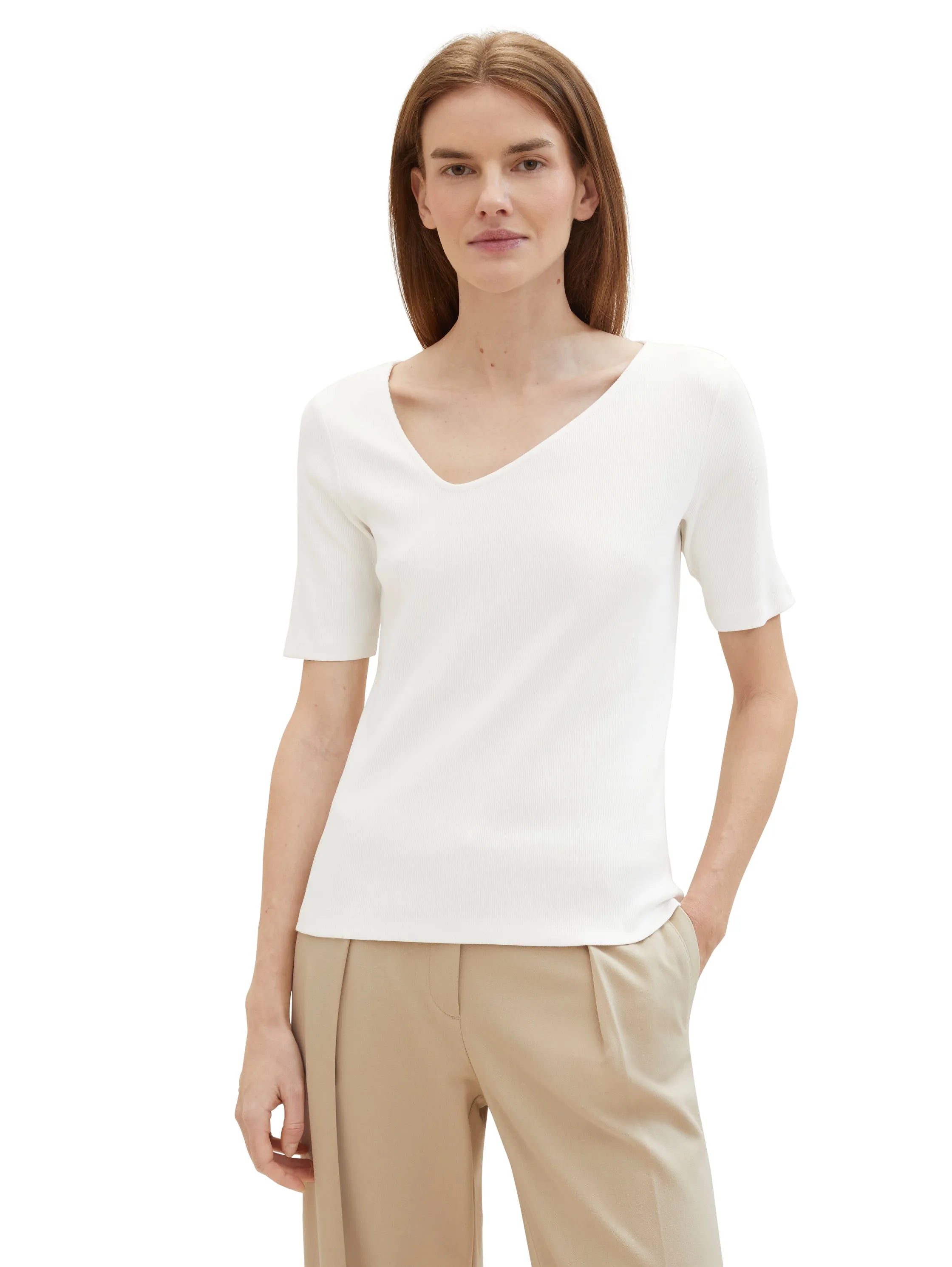 Tom Tailor Whisper White Women T-Shirt with an Asymmetrical Neckline SKU: 1041210_10315 Image 01