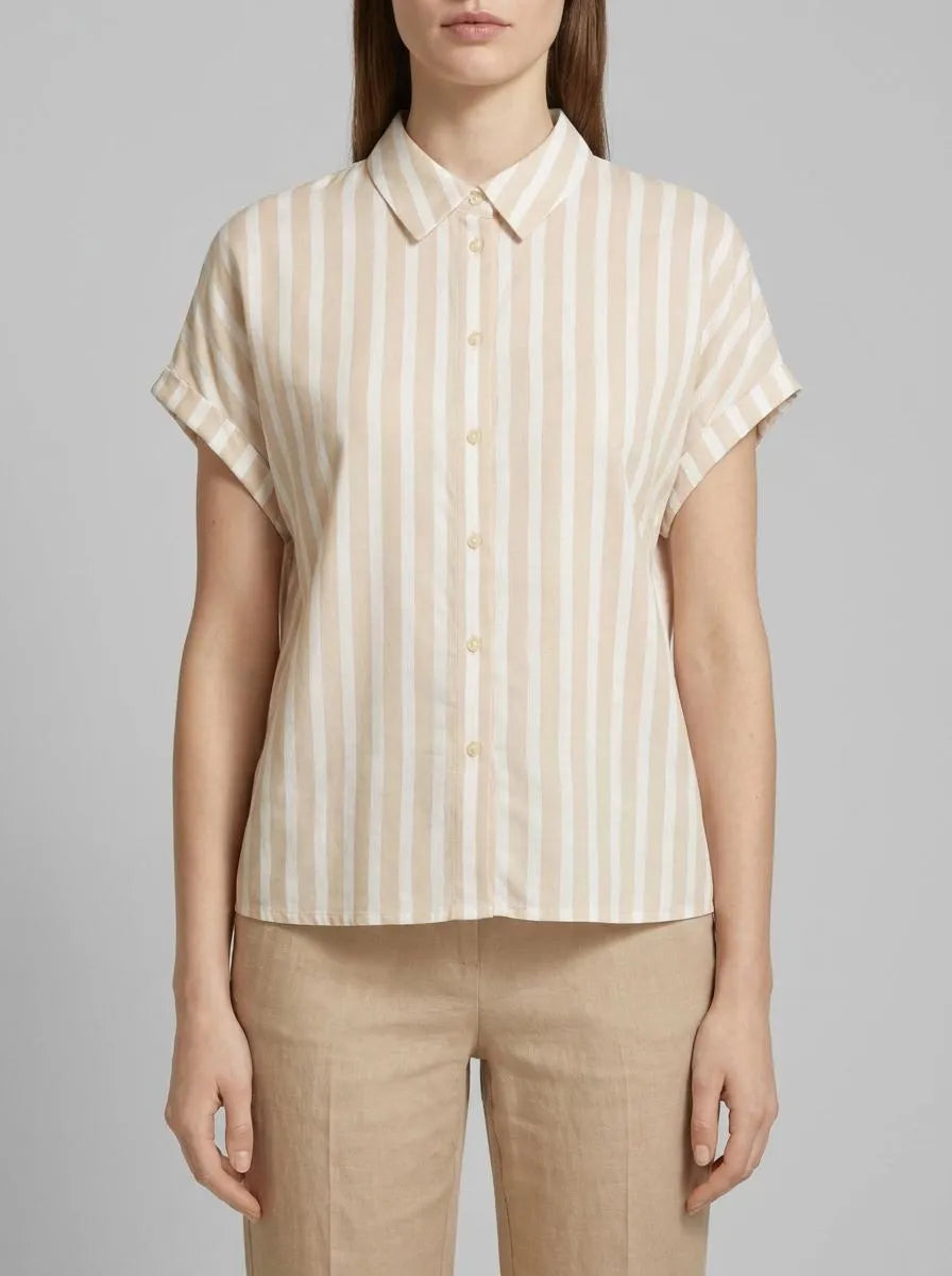 Tom Tailor Beige Offwhite Stripe Women Striped Short-Sleeved Shirt SKU: 1041220_35211 Image 00
