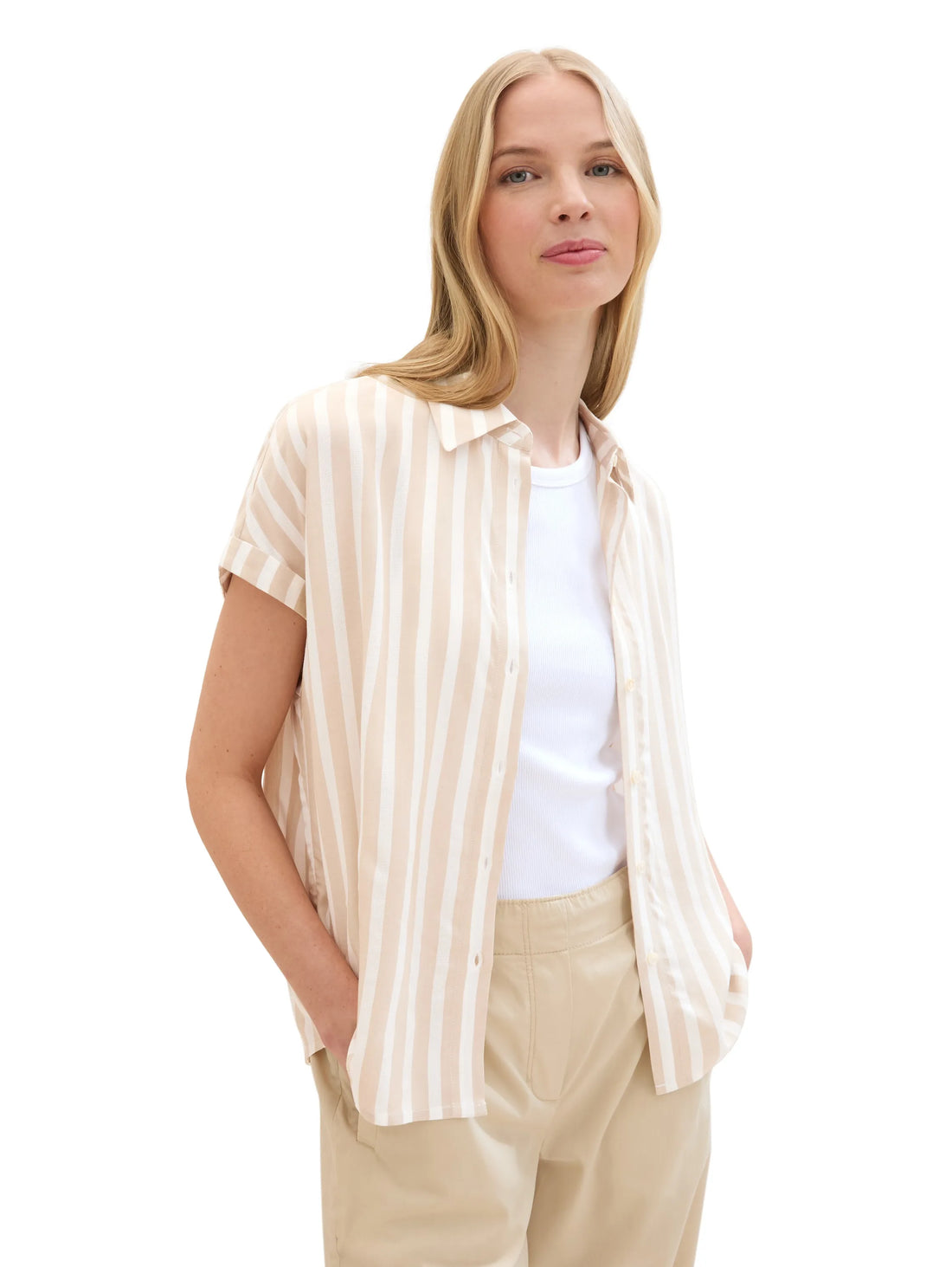 Tom Tailor Beige Offwhite Stripe Women Striped Short-Sleeved Shirt SKU: 1041220_35211 Image 01