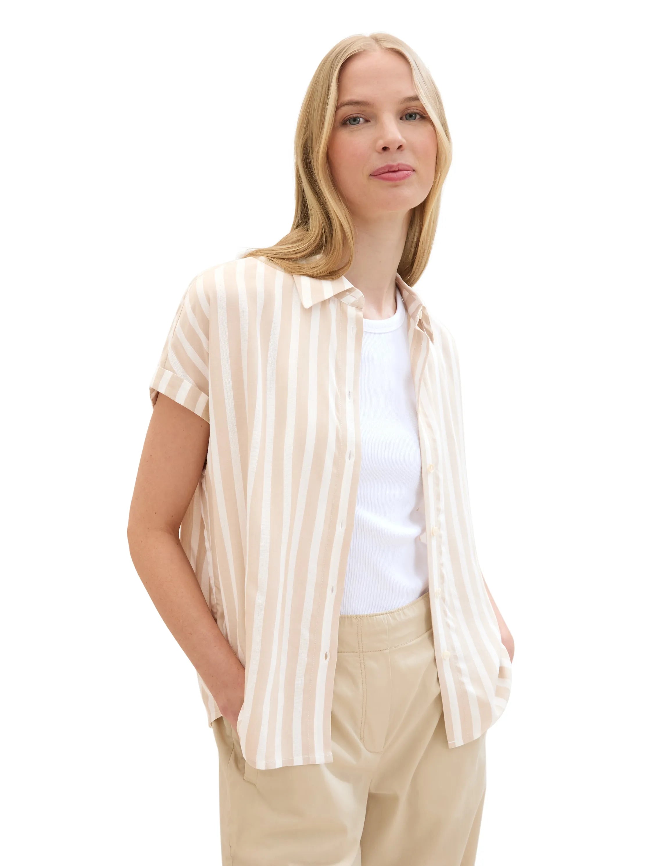 Tom Tailor Beige Offwhite Stripe Women Striped Short-Sleeved Shirt SKU: 1041220_35211 Image 01