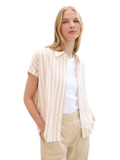 Tom Tailor Beige Offwhite Stripe Women Striped Short-Sleeved Shirt SKU: 1041220_35211 Image 01