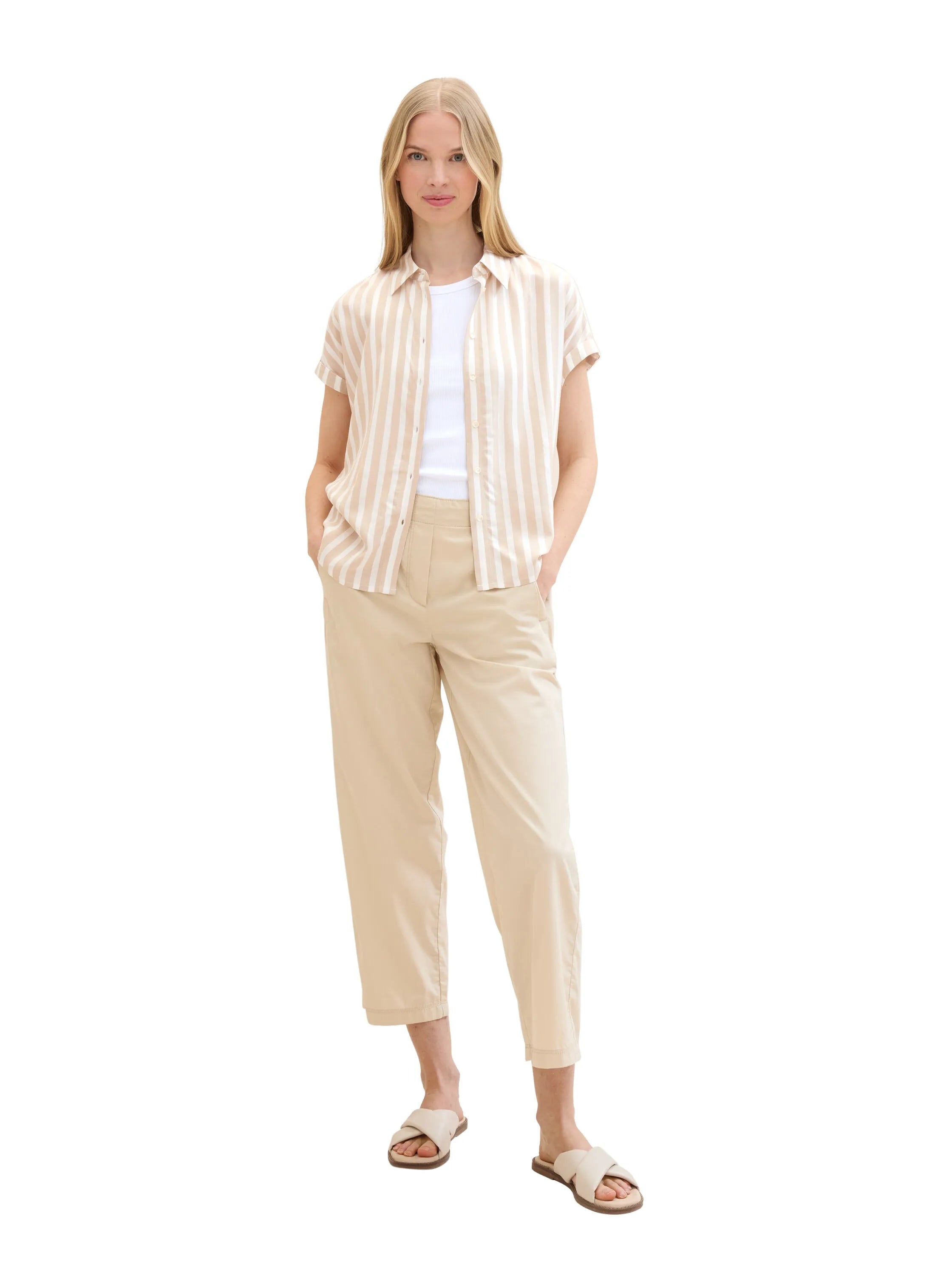 Tom Tailor Beige Offwhite Stripe Women Striped Short-Sleeved Shirt SKU: 1041220_35211 Image 02