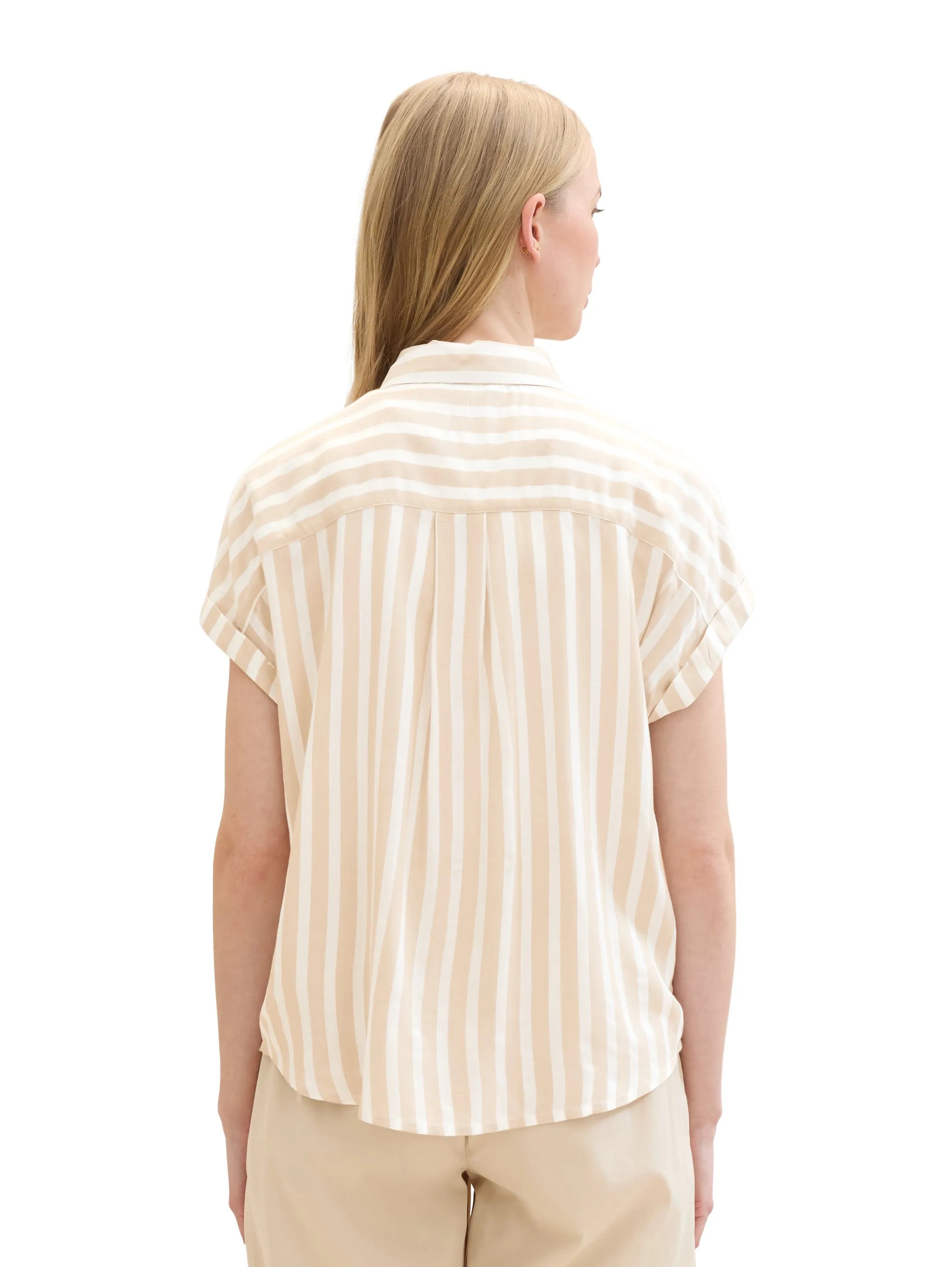 Tom Tailor Beige Offwhite Stripe Women Striped Short-Sleeved Shirt SKU: 1041220_35211 Image 03