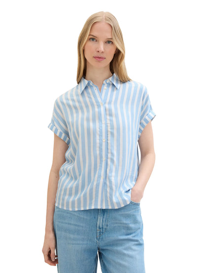 Tom Tailor Offwhite Blue Vertical Stripe Women Striped Short-Sleeved Shirt SKU: 1041220_35221 Image 01