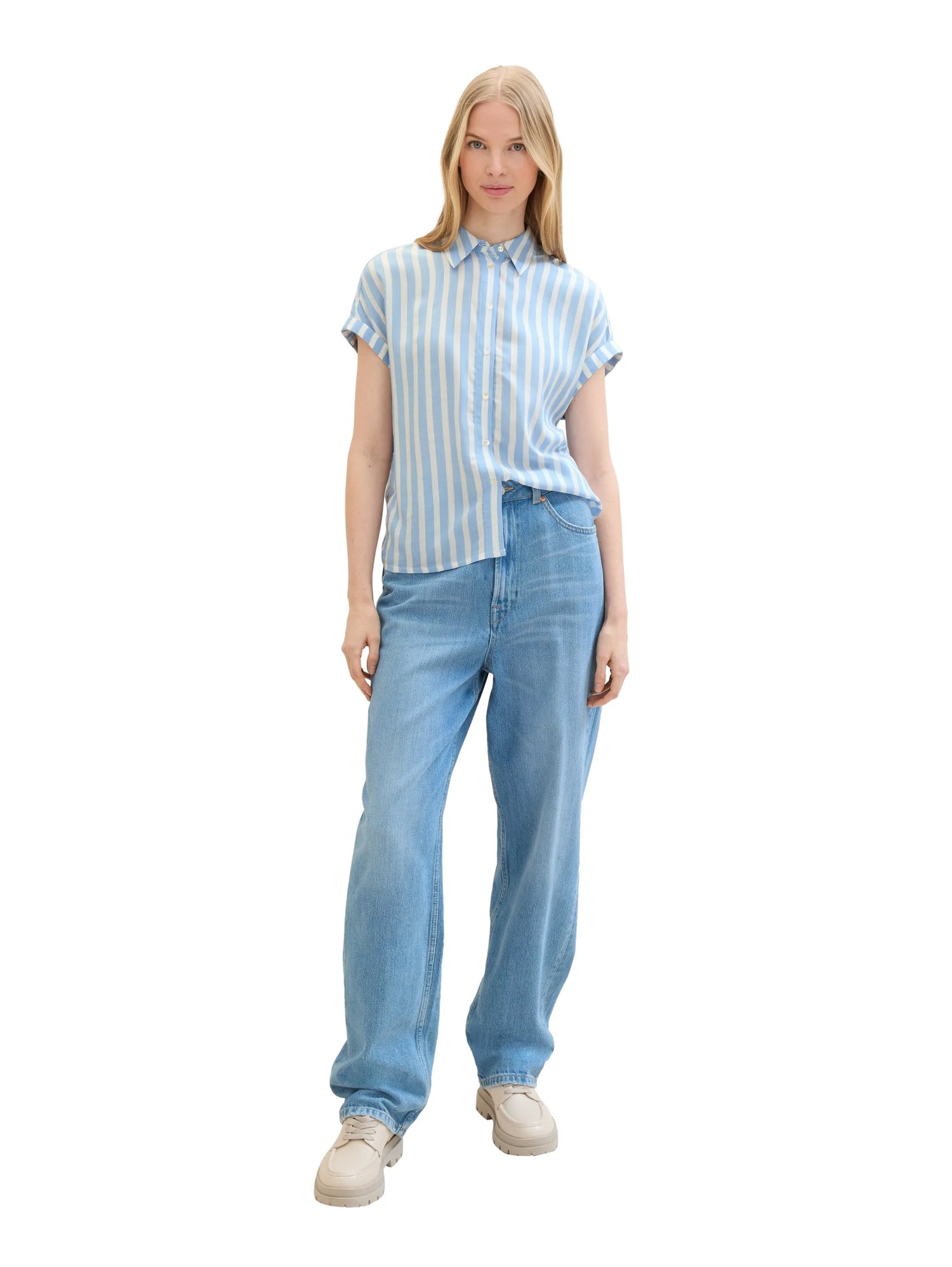 Tom Tailor Offwhite Blue Vertical Stripe Women Striped Short-Sleeved Shirt SKU: 1041220_35221 Image 02
