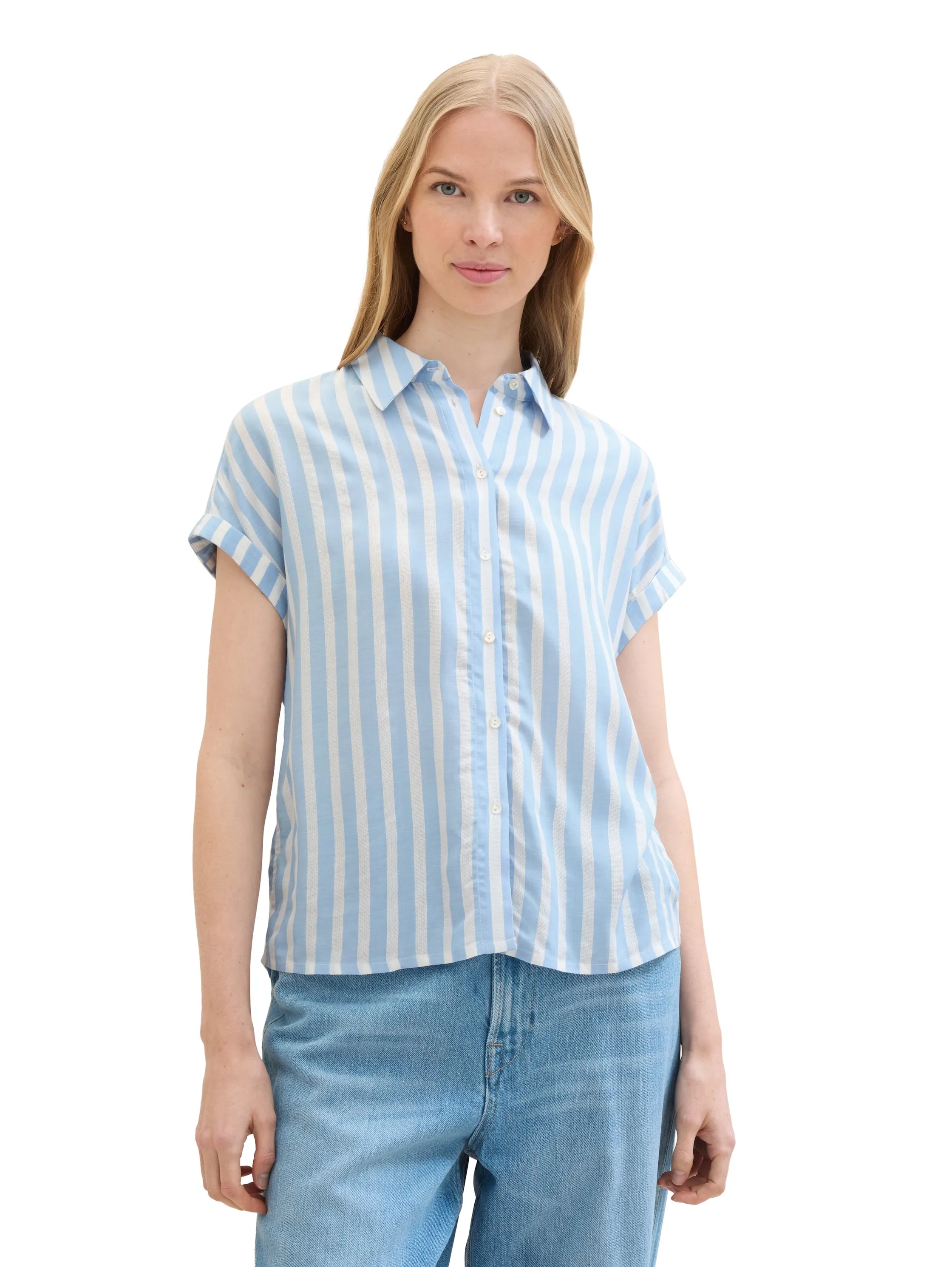 Tom Tailor Offwhite Blue Vertical Stripe Women Striped Short-Sleeved Shirt SKU: 1041220_35221 Image 04