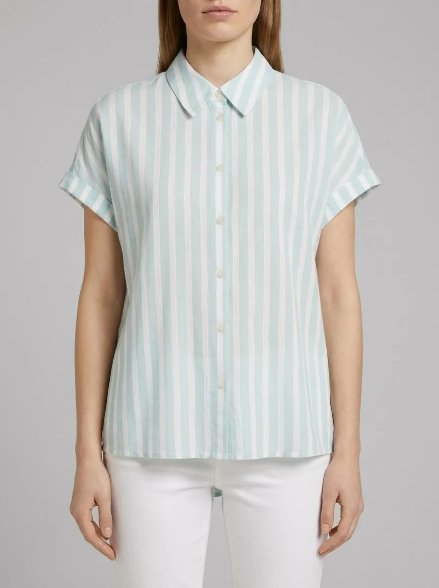 Tom Tailor Mint Blue Offwhite Stripe Women Striped Short-Sleeved Shirt SKU: 1041220_35350 Image 00