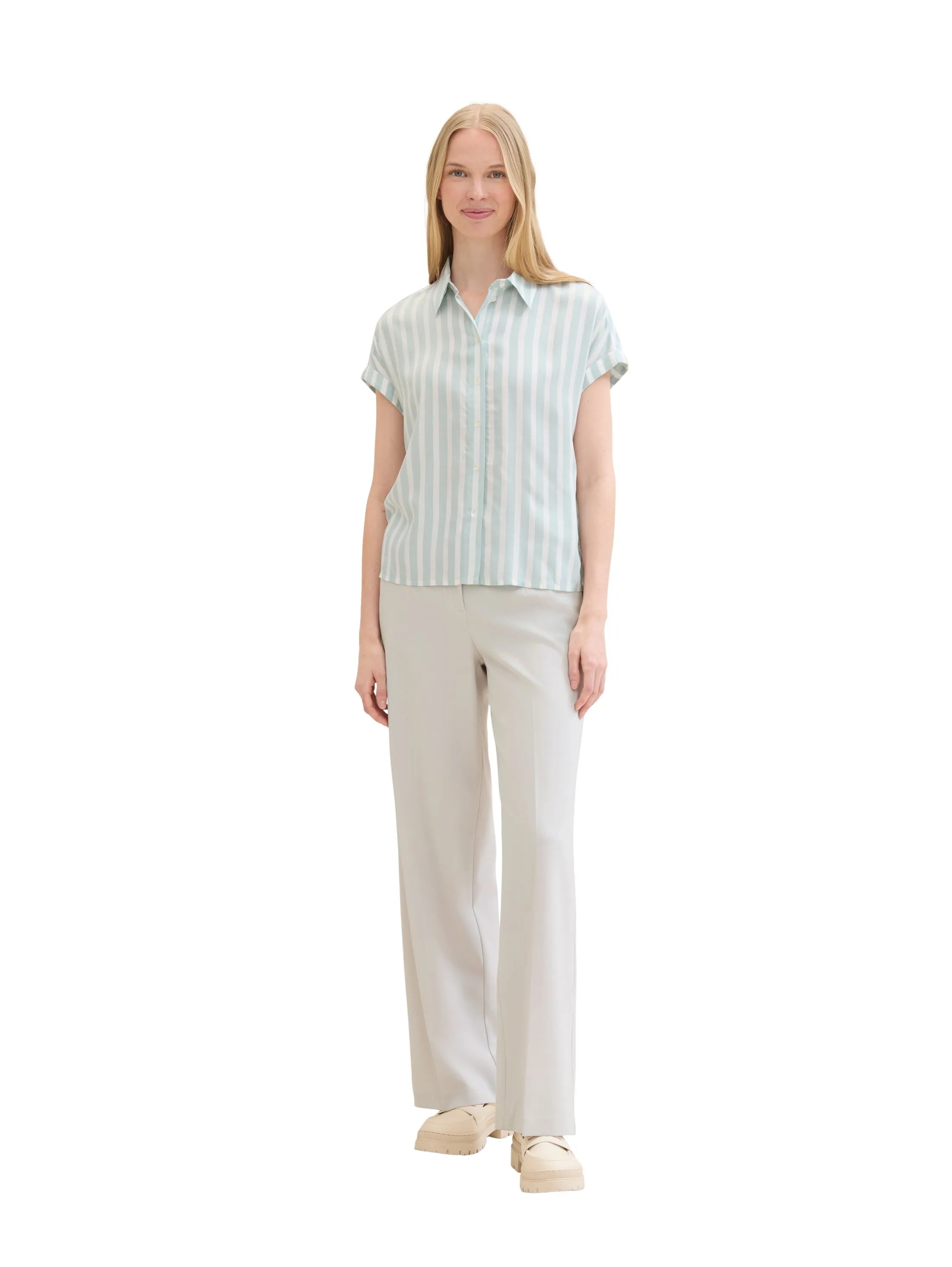 Tom Tailor Mint Blue Offwhite Stripe Women Striped Short-Sleeved Shirt SKU: 1041220_35350 Image 02