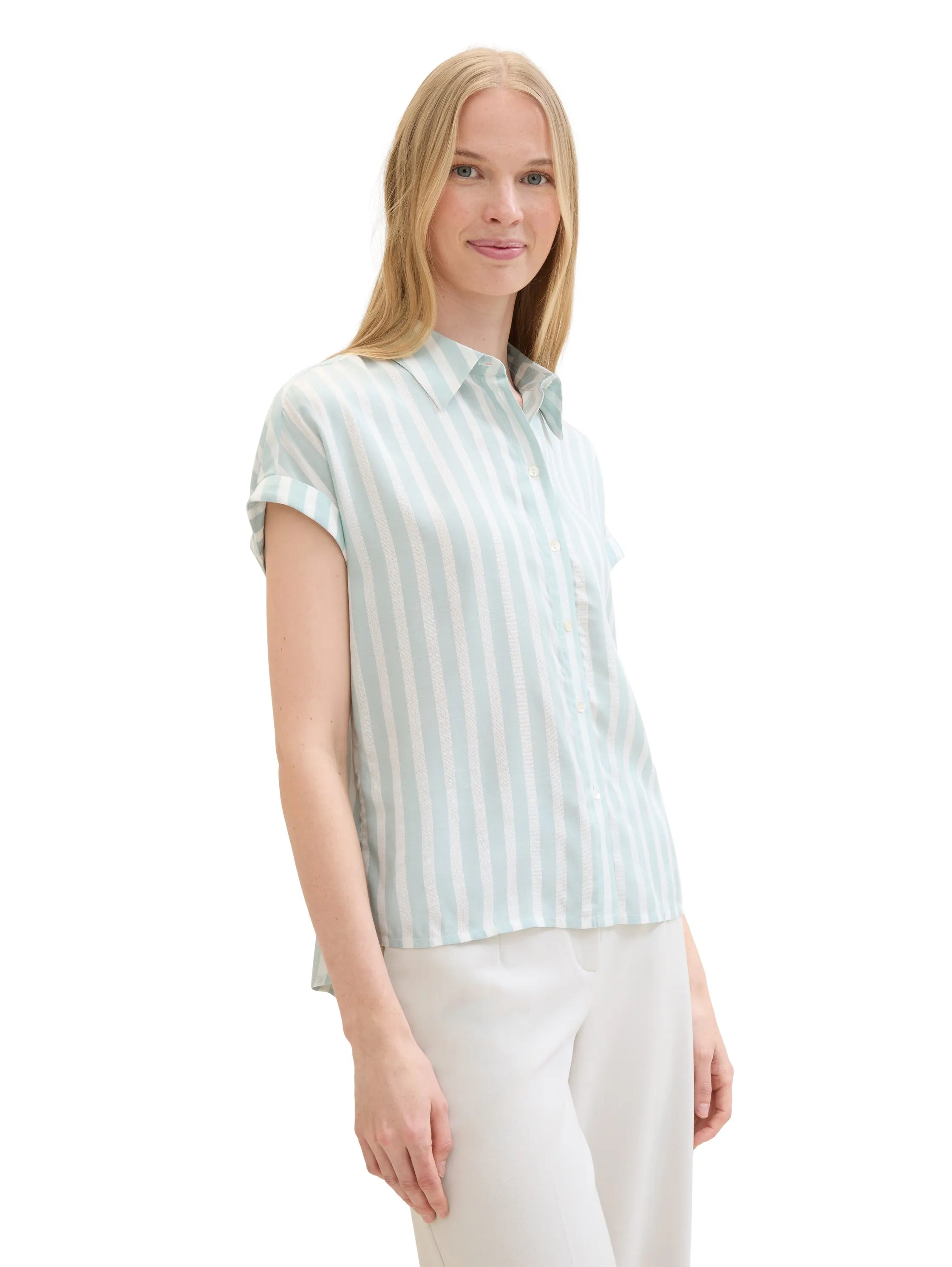 Tom Tailor Mint Blue Offwhite Stripe Women Striped Short-Sleeved Shirt SKU: 1041220_35350 Image 04