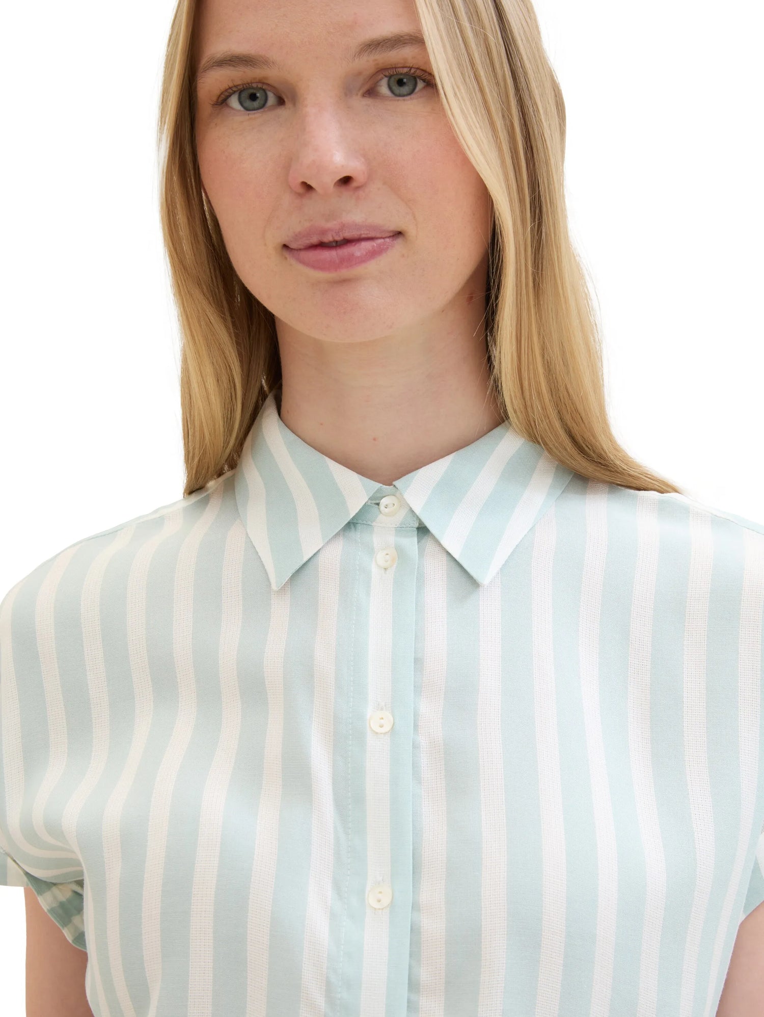 Tom Tailor Mint Blue Offwhite Stripe Women Striped Short-Sleeved Shirt SKU: 1041220_35350 Image 05