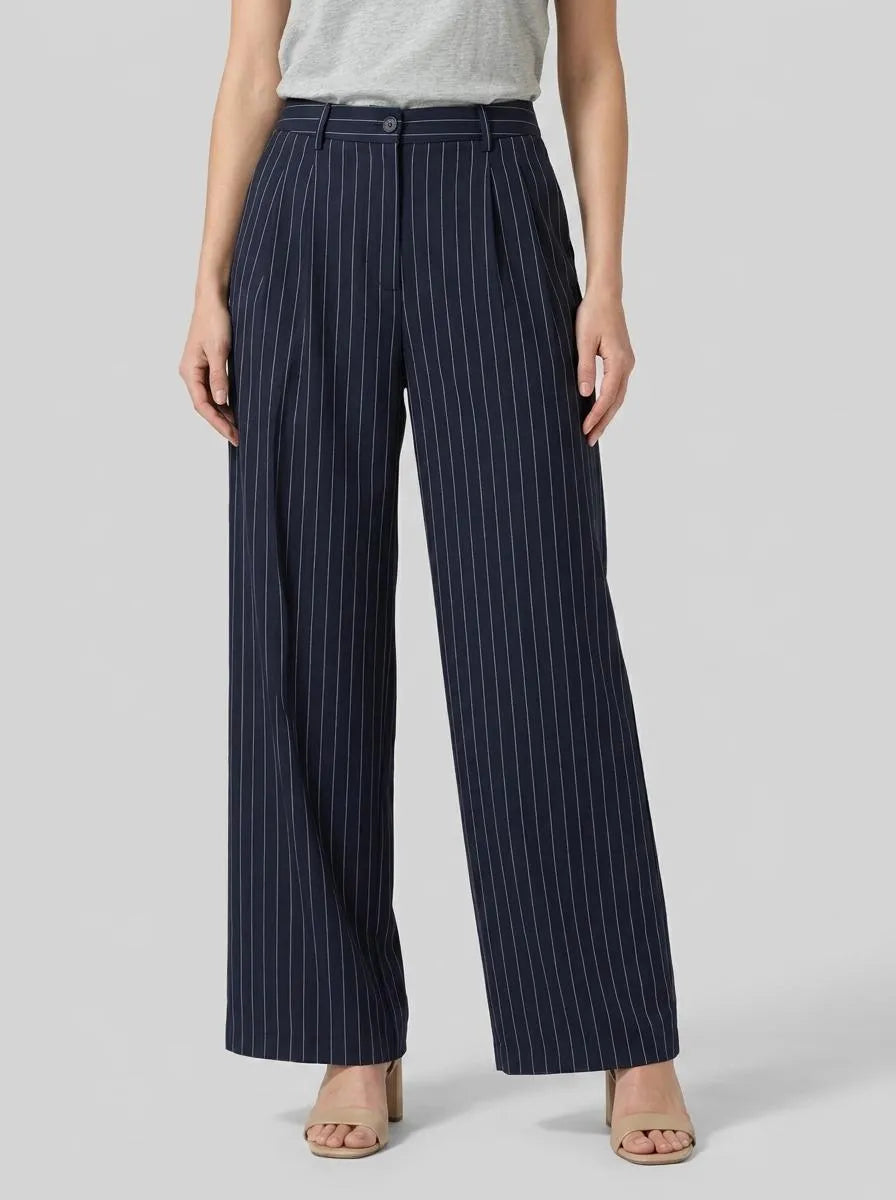 Tom Tailor Navy Blue Pinstripe Women Striped Wide-Leg Trousers SKU: 1041240_34667 Image 00