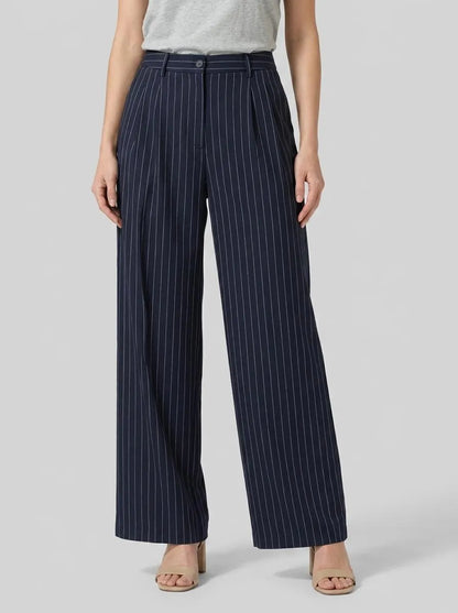 Tom Tailor Navy Blue Pinstripe Women Striped Wide-Leg Trousers SKU: 1041240_34667 Image 00