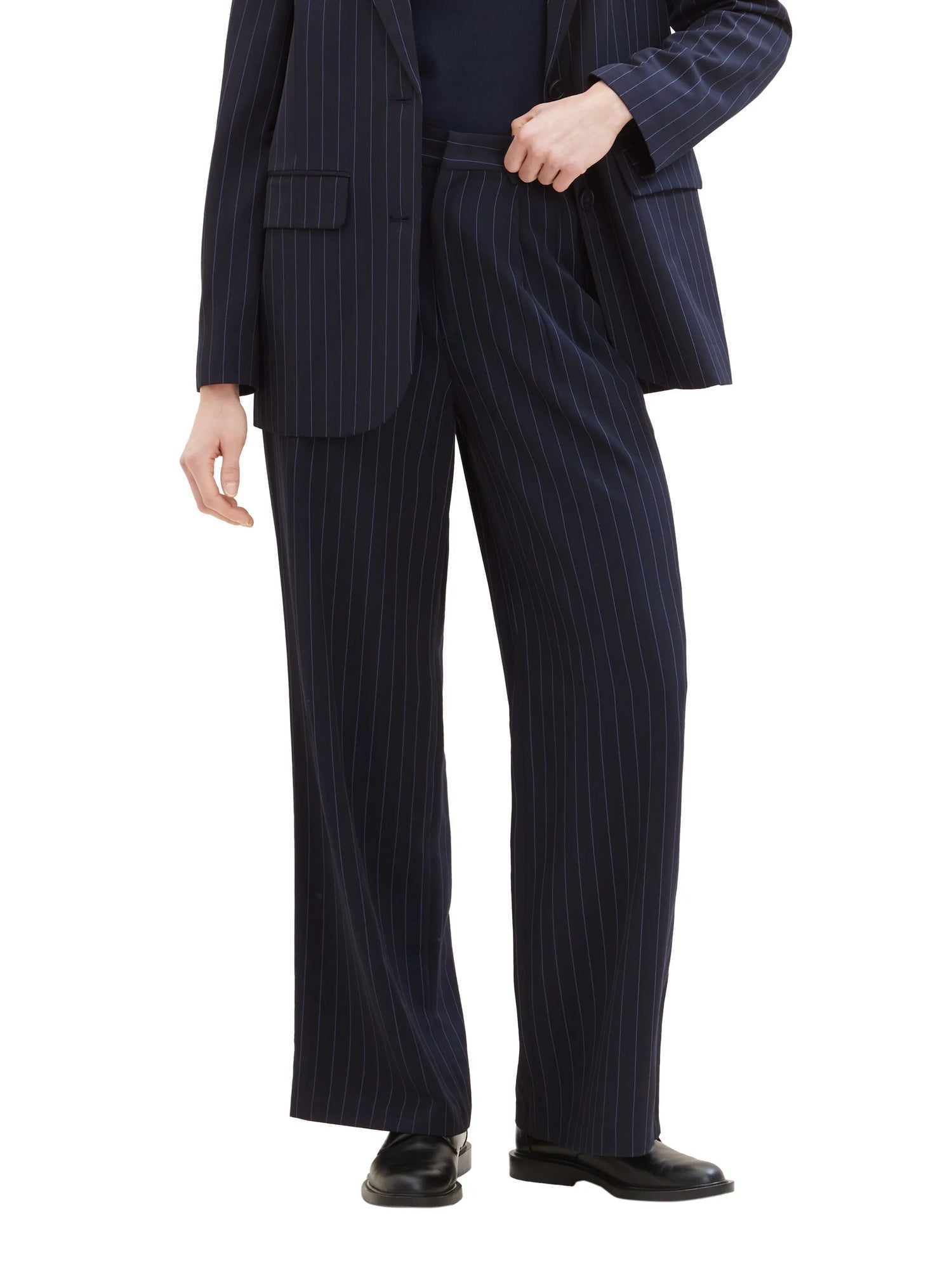 Tom Tailor Navy Blue Pinstripe Women Striped Wide-Leg Trousers SKU: 1041240_34667 Image 01