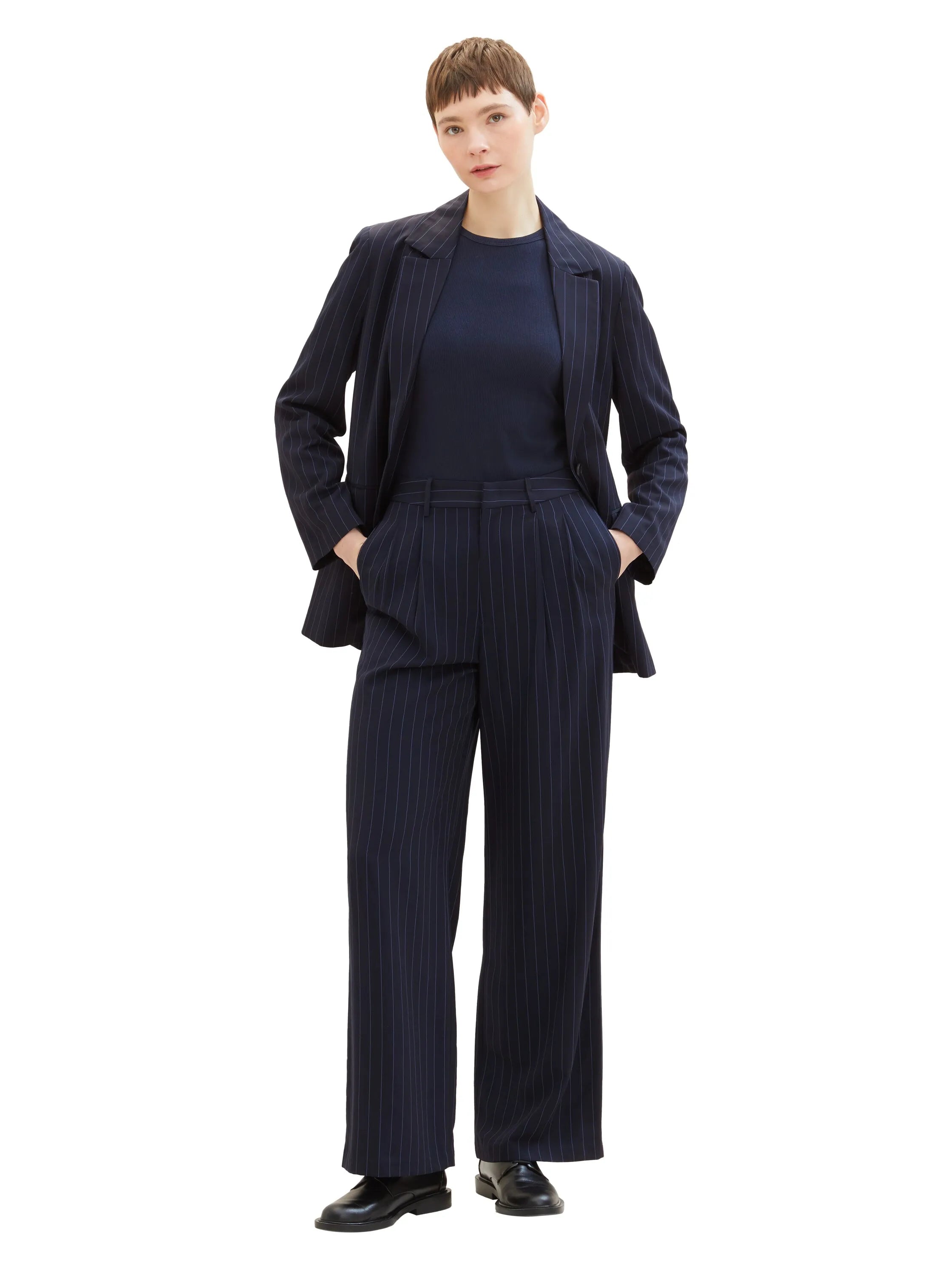 Tom Tailor Navy Blue Pinstripe Women Striped Wide-Leg Trousers SKU: 1041240_34667 Image 03