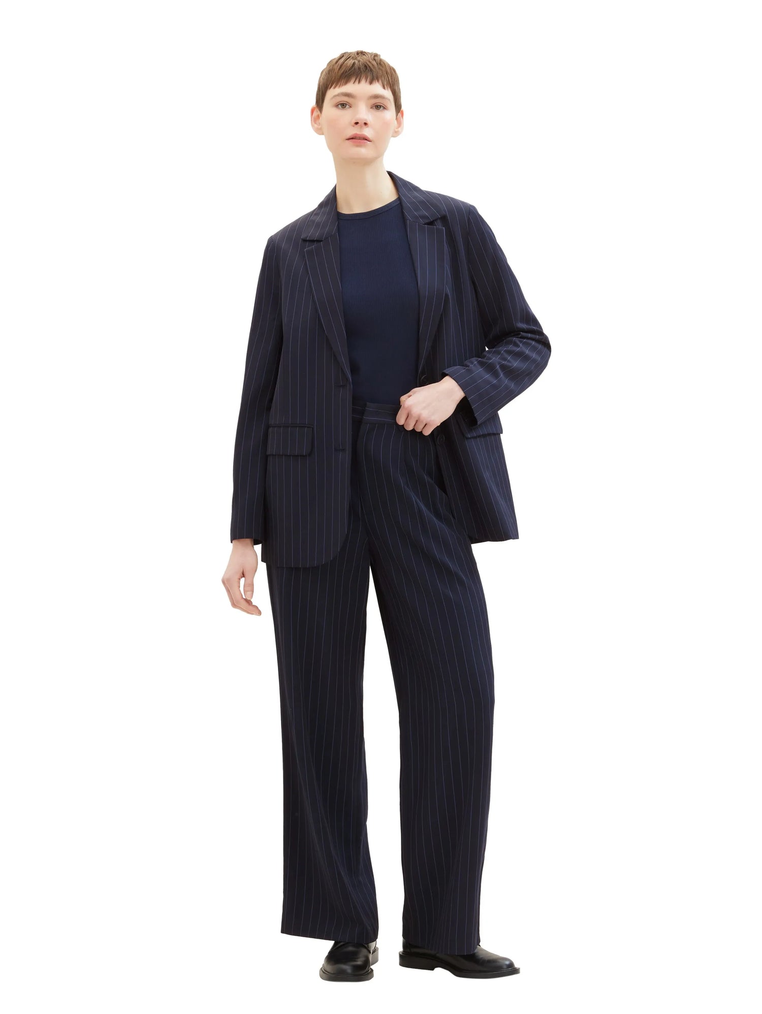 Tom Tailor Navy Blue Pinstripe Women Striped Wide-Leg Trousers SKU: 1041240_34667 Image 06