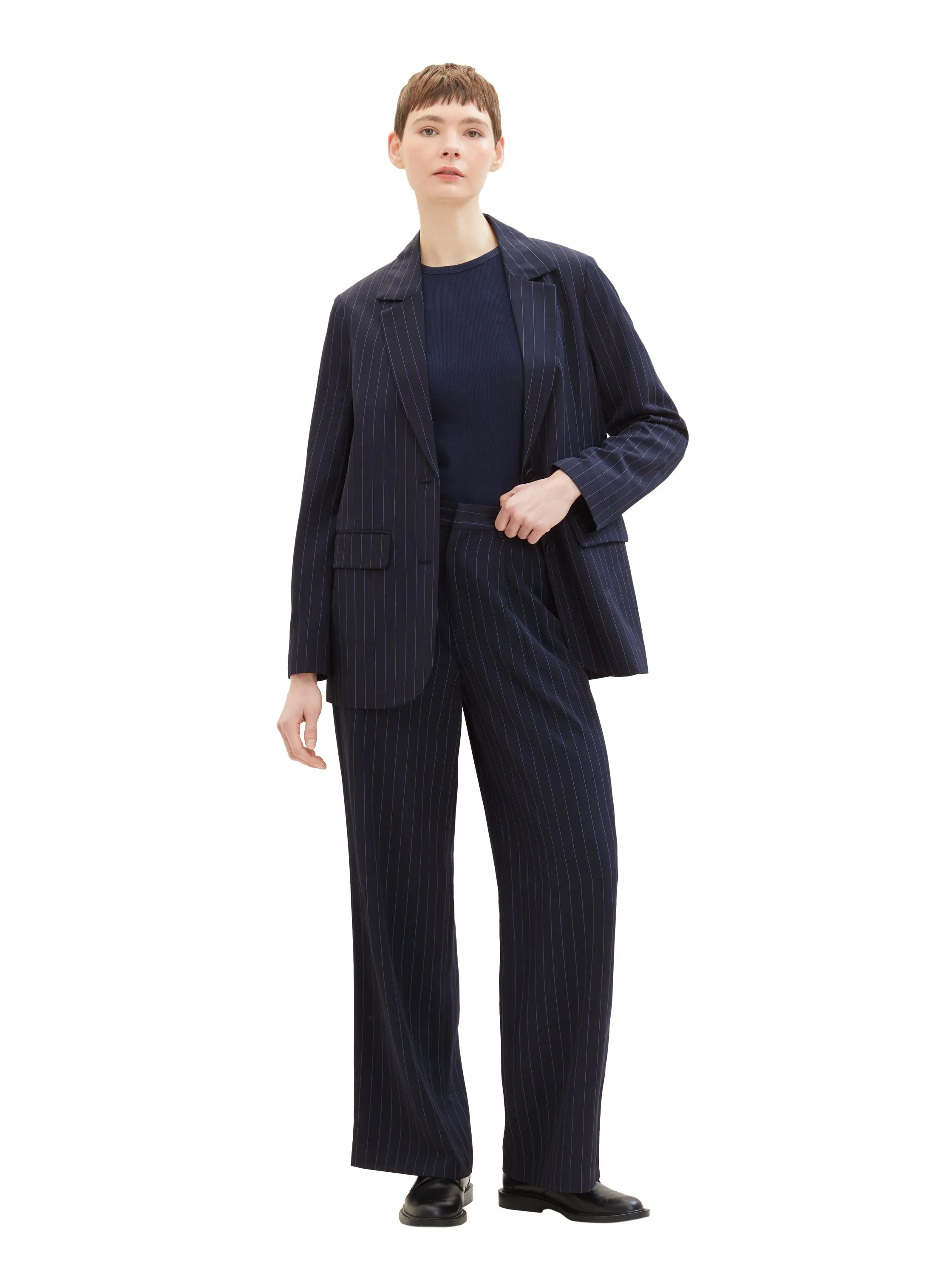 Tom Tailor Navy Blue Pinstripe Women Striped Wide-Leg Trousers SKU: 1041240_34667 Image 07