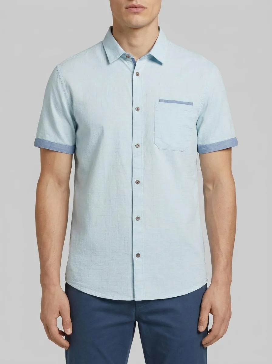 Tom Tailor Turquoise Small Structure Men Short-Sleeved Shirt with a Chest Pocket SKU: 1041362_35405 Image 00