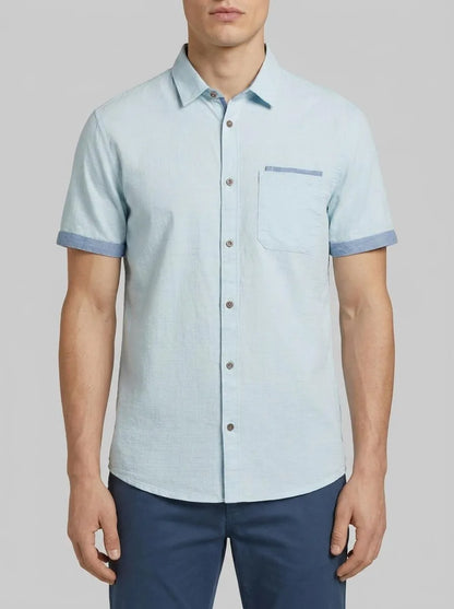 Tom Tailor Turquoise Small Structure Men Short-Sleeved Shirt with a Chest Pocket SKU: 1041362_35405 Image 00