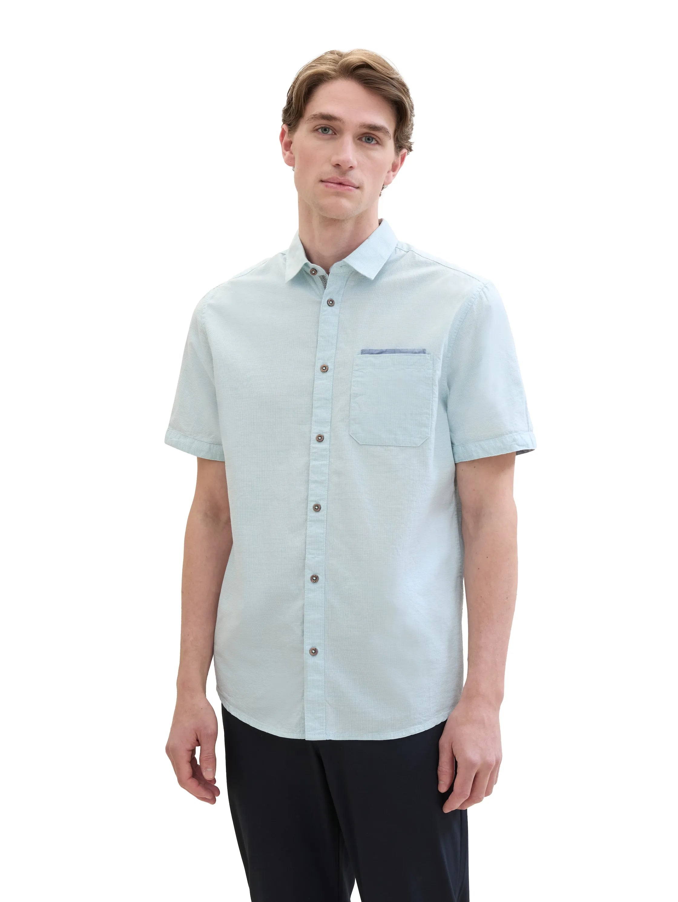Tom Tailor Turquoise Small Structure Men Short-Sleeved Shirt with a Chest Pocket SKU: 1041362_35405 Image 01