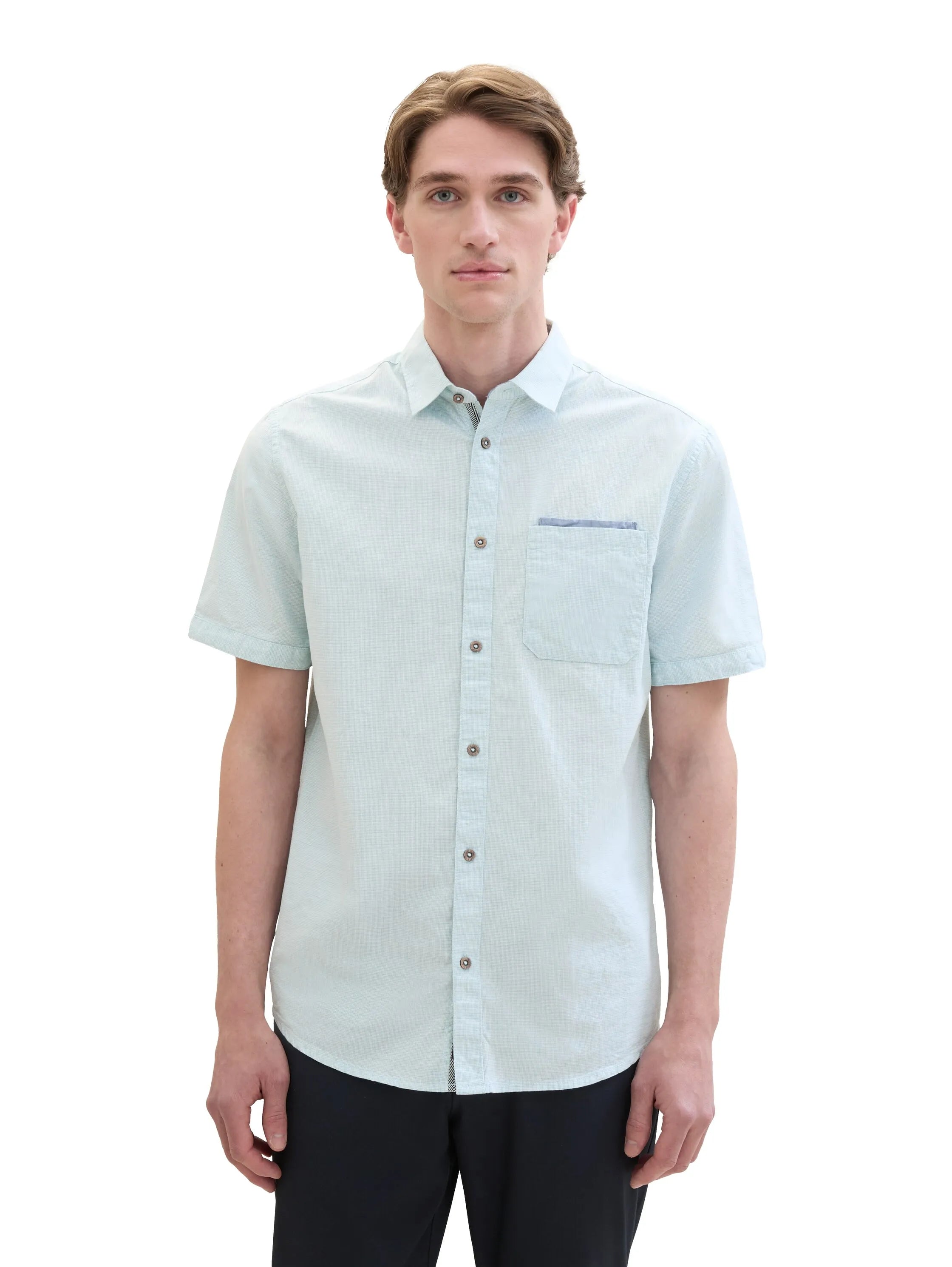 Tom Tailor Turquoise Small Structure Men Short-Sleeved Shirt with a Chest Pocket SKU: 1041362_35405 Image 04