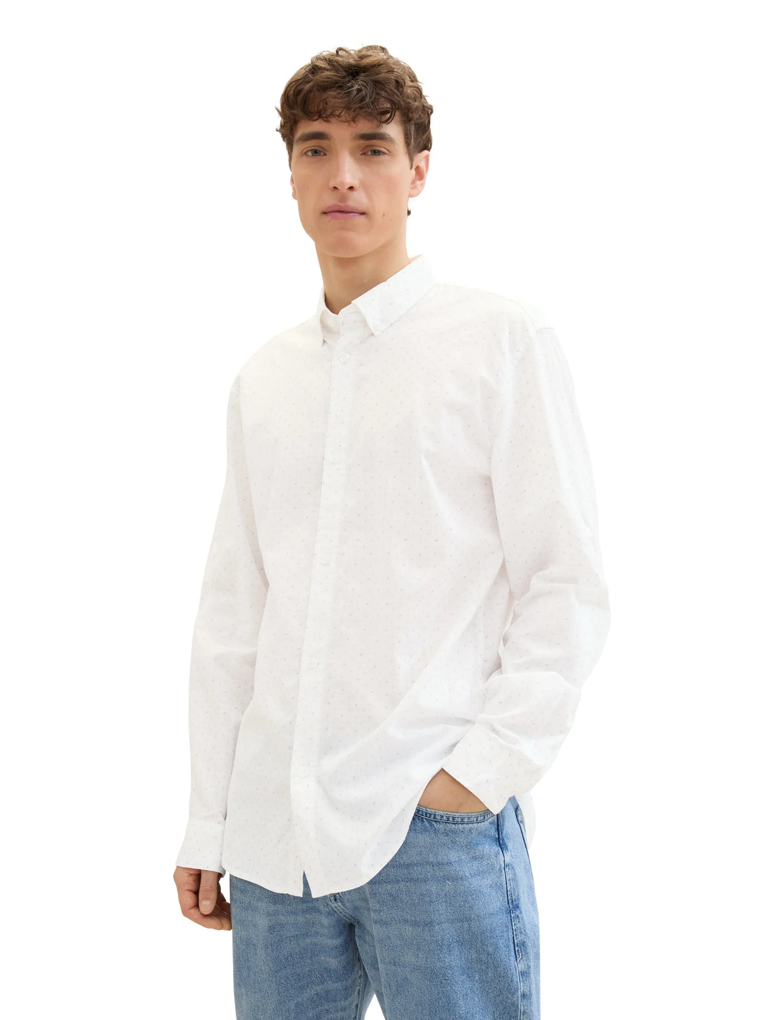 Denim Tom Tailor White Multi Mini Wave Men Slim Fit Long-Sleeved Dress Shirt SKU: 1041387_35489 Image 01