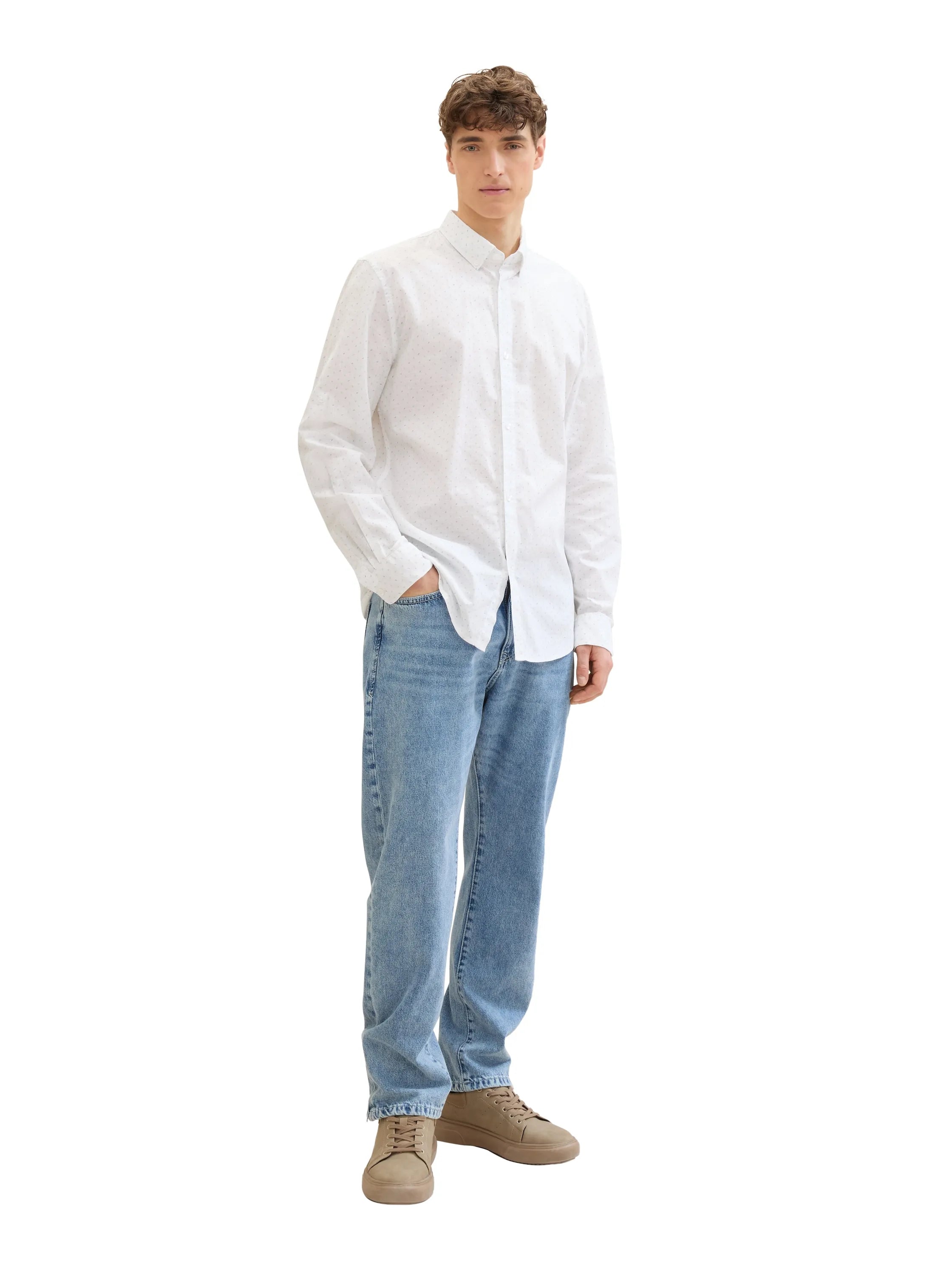 Denim Tom Tailor White Multi Mini Wave Men Slim Fit Long-Sleeved Dress Shirt SKU: 1041387_35489 Image 02