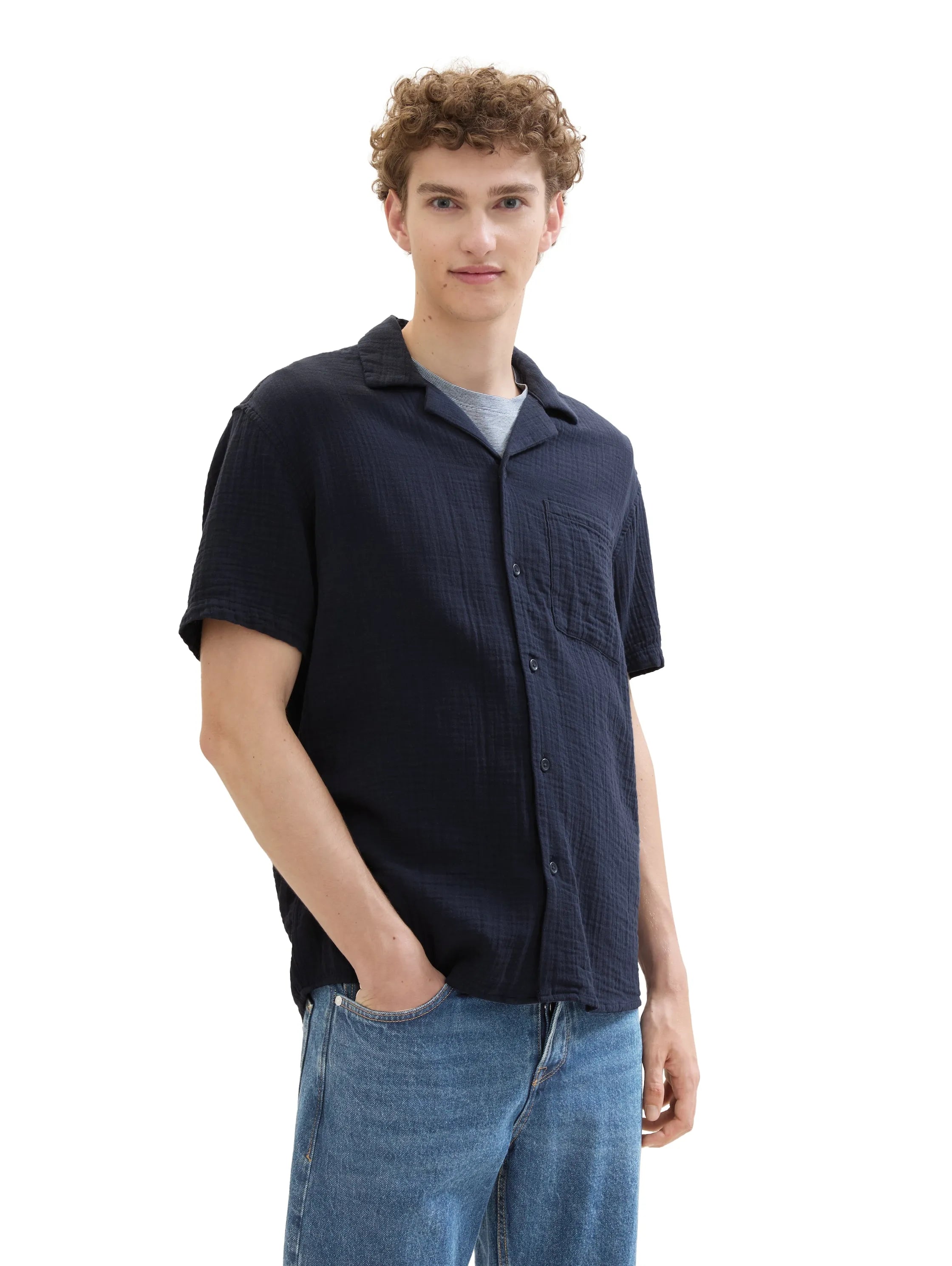 Denim Tom Tailor Sky Captain Blue Men Relaxed Muslin Short-Sleeved Shirt SKU: 1041404_10668 Image 01