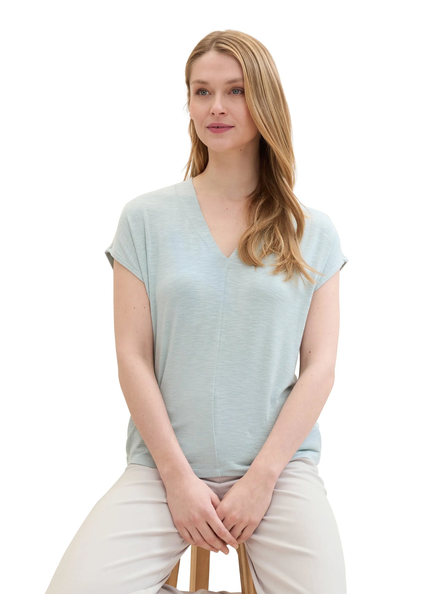 Tom Tailor Dusty Mint Blue Women T-Shirt with a V-Neckline SKU: 1041537_30463 Image 01