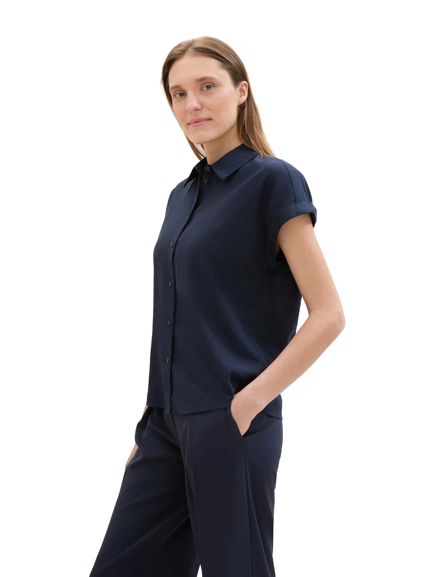 Tom Tailor Sky Captain Blue Women Loose-Fit Blouse with Linen SKU: 1041688_10668 Image 04