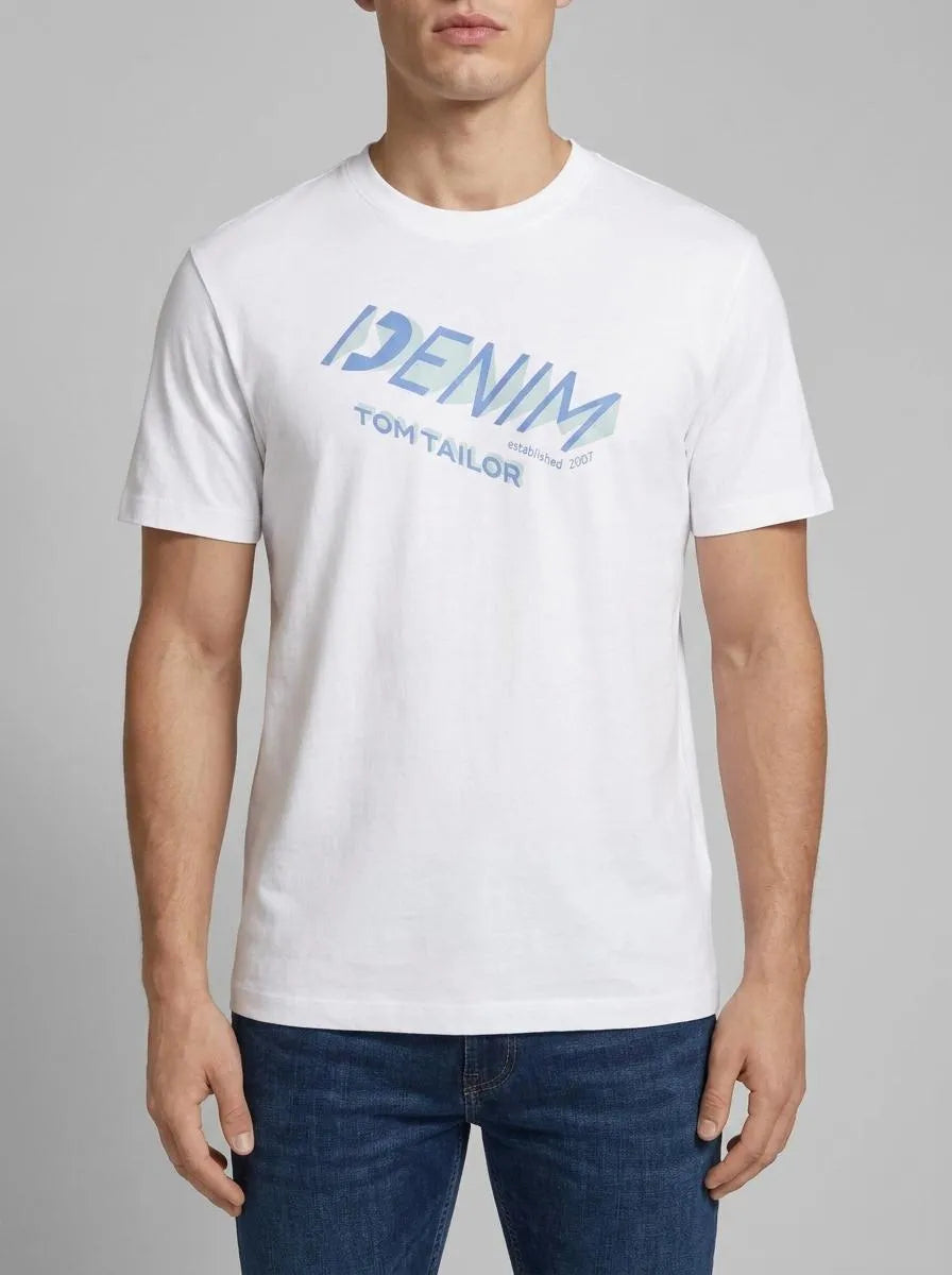 Denim Tom Tailor White Men T-Shirt with a Logo Print SKU: 1042037_20000 Image 00