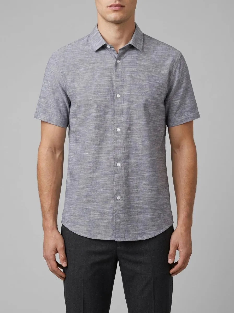 Denim Tom Tailor Coal Grey White Chambray Men Basic Short-Sleeved Shirt SKU: 1042120_29676 Image 00