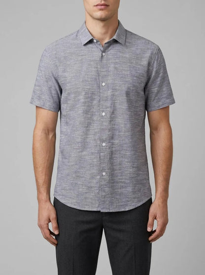 Denim Tom Tailor Coal Grey White Chambray Men Basic Short-Sleeved Shirt SKU: 1042120_29676 Image 00