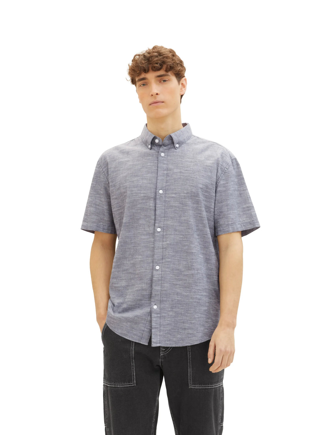 Denim Tom Tailor Coal Grey White Chambray Men Basic Short-Sleeved Shirt SKU: 1042120_29676 Image 01
