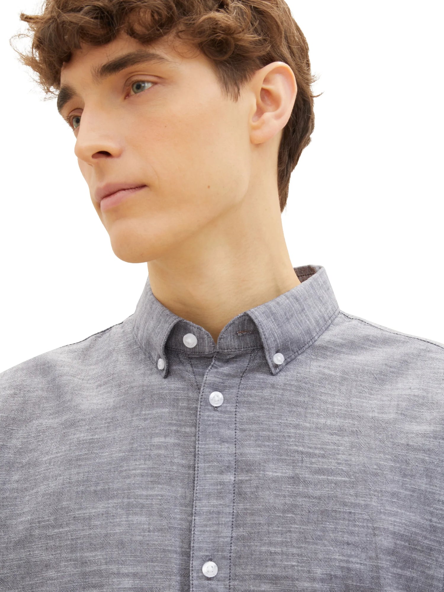 Denim Tom Tailor Coal Grey White Chambray Men Basic Short-Sleeved Shirt SKU: 1042120_29676 Image 04