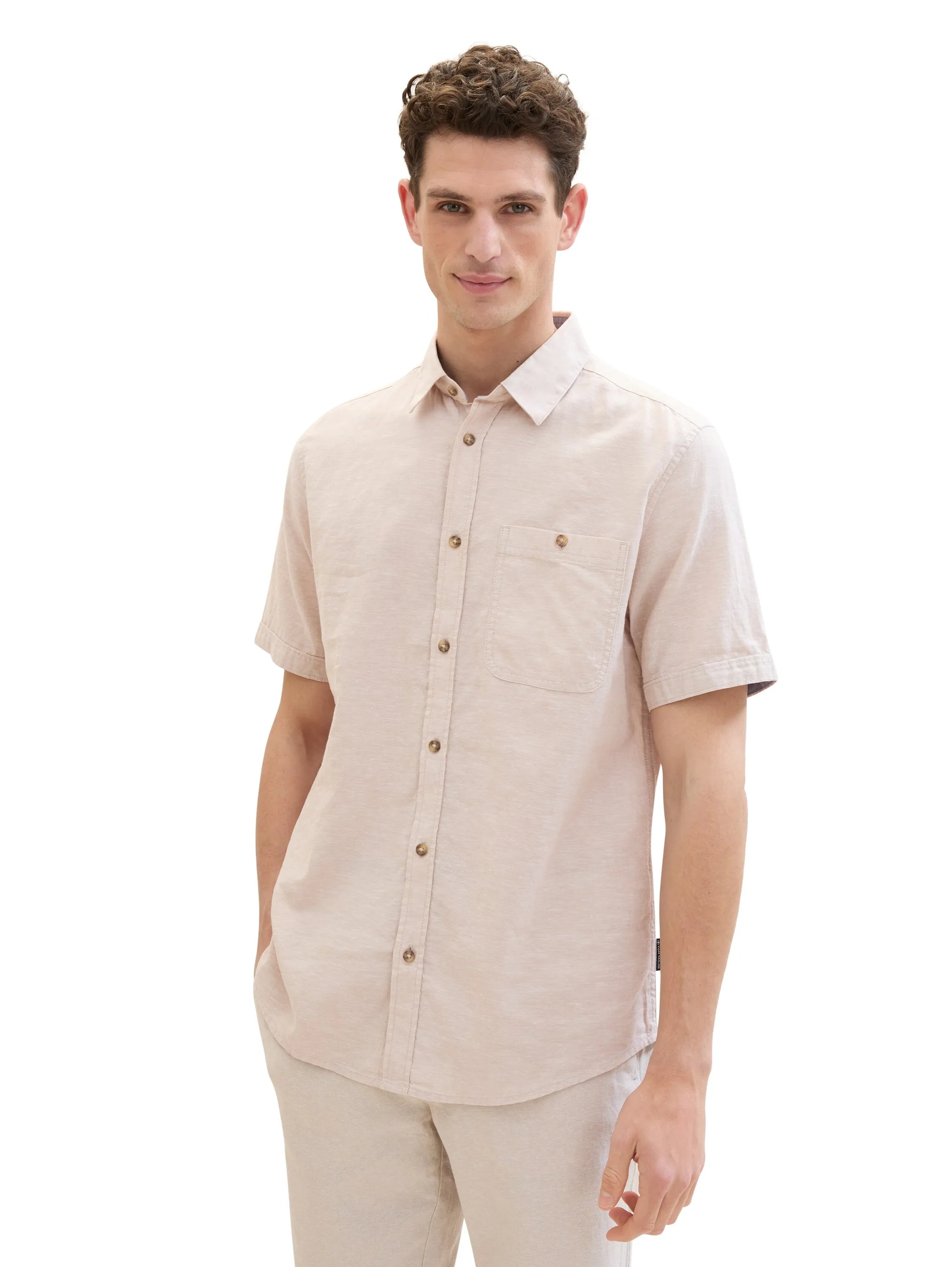 Tom Tailor Caramel Beige Chambray Men Regular Short-Sleeved Shirt SKU: 1042351_31235 Image 04