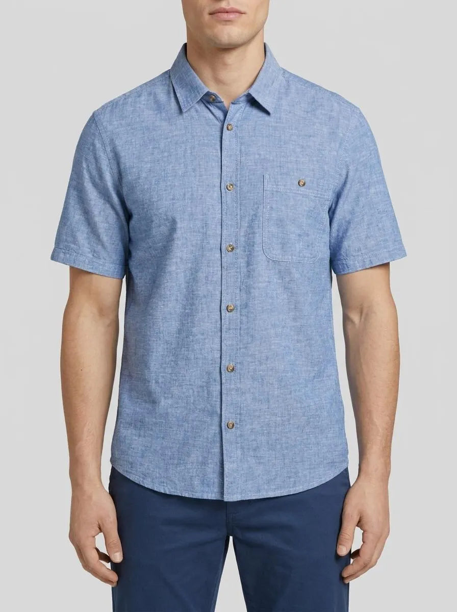 Tom Tailor Leasure Blue Chambray Men Regular Short-Sleeved Shirt SKU: 1042351_34922 Image 00